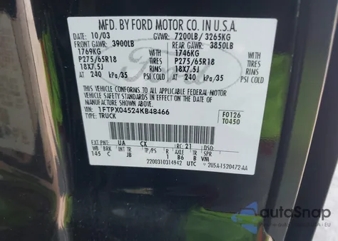 2004 Ford F-150 Fx4/Xlt из США, поврежденный, VIN 1FTPX04524KB48466